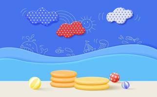 3d render podium with sea concept for kids or baby product. vector