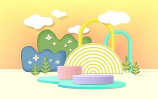 3d product podium, pastel color background, clouds, weather with empty space for kids or baby product. vector