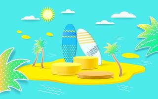 Summer background product display scene with surfboard. sky cloud background on the ocean display. vector