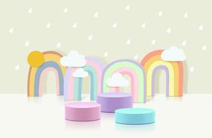 Illustration landscape with a rainbow on sky background. Creative design Paper cut and craft style. pastel colorful tone simple.