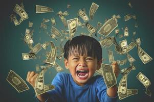 una foto de un niño que muestra un estado de ánimo feliz con un dólar flotante. el concepto de buena suerte y ganar