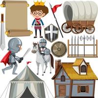 Medieval characters buildings set vector