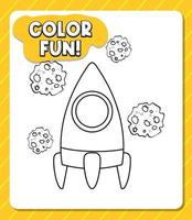 Worksheets template with color fun text and rocket outline vector