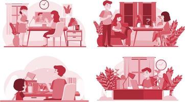 Four scenes of people working at home vector