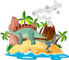 Scene with dinosaurs stegosaurus and raptor on island