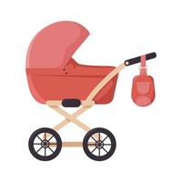 Baby stroller is pink with bag for children's things, isolated on white background. Baby pram for walking with newborn. Modular baby carriage. Products for kids vector