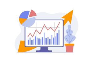 monitor de computadora con gráficos de retorno de la inversión, de crecimiento y caída de las existencias. estrategia de inversión exitosa, concepto de negocio. gráfico circular, aumento de capital, crecimiento de los ingresos vector