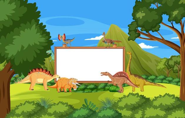 Nature scene with trees on mountains with sign board and dinosaur