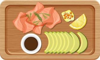 Top view of breakfast on a wooden tray vector