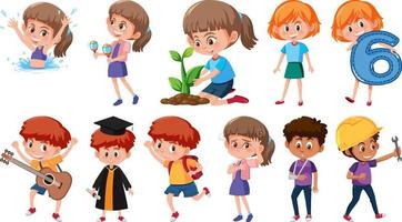 Set of children doing different activities on white background vector