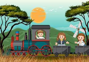 niños en un tren con escena natural vector