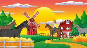 una niña montando un caballo en la escena de la granja vector
