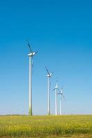 View over beautiful farm landscape with rapeseed yellow at blossom field, wind turbines to produce green energy in Germany, Spring, blue sky and sunny day. photo