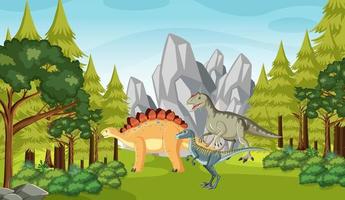 escena de la naturaleza con árboles en las montañas con dinosaurio vector