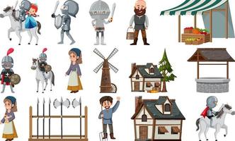 Medieval characters buildings set vector