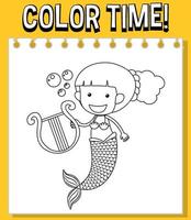 Worksheets template with color time text and Mermaid outline vector