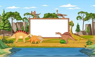 Nature scene with trees on mountains with sign board and dinosaur vector