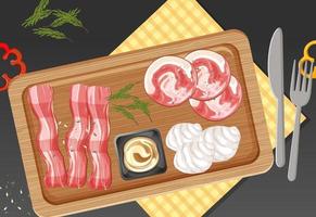 Top view of lunch meat on wooden tray vector