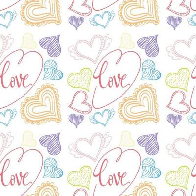 Seamless doodle heart and love word pattern