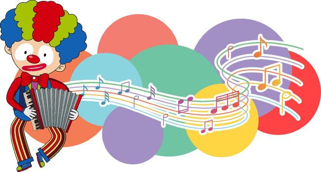 Clown playing accordion with music notes on white background vector