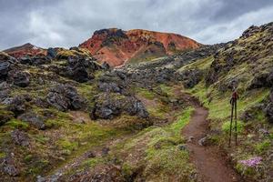 Beautiful Icelandic landscape of colorful rainbow volcanic Landmannalaugar mountains, at famous Laugavegur hiking trail with dramatic sky and hiking poles in Iceland.