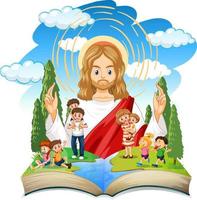 Opened book with Jesus Christ and people vector