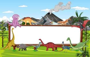 Scene with dinosaurs and whiteboard in the field vector