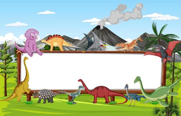 Scene with dinosaurs and whiteboard in the field