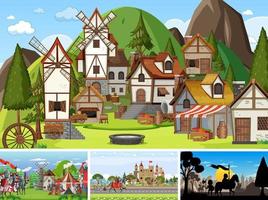 Set of different scene medieval with silhouette vector