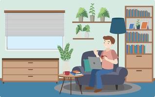 A man working using laptop flat design at home vector