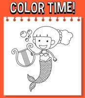 Worksheets template with color time text and Mermaid outline vector