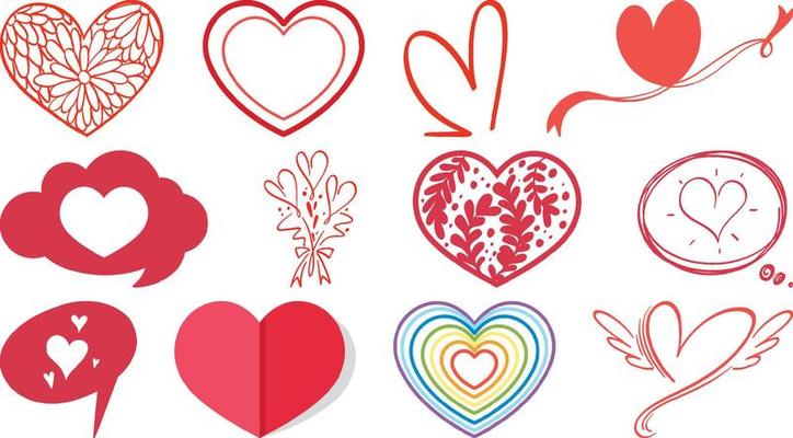 Different style of hearts isolated on white background