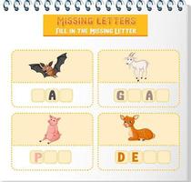 Fill the missing letter of each word worksheet for children vector