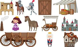 Medieval characters buildings set vector