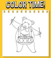 Worksheets template with color time text bear with drum outline vector