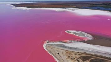 Aerial drone top down photo of a natural pink lake and coast Genichesk, Ukraine. Lake naturally turns pink due to salts and small crustacean Artemia in the water. This miracle is rare.