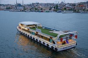 ISTANBUL, TURKEY, 2018  -  View of buildings and boats at dusk  along the Bosphorus in Istanbul Turkey on May 29, 2018 photo