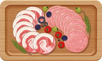 Top view of lunch meat on a wooden tray vector