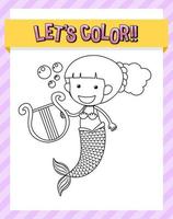 Worksheets template with lets color text and mermaid outline vector