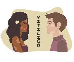 una pareja de un chico y una chica con vitiligo. ilustración vectorial en un estilo plano. despigmentación de la piel. vector