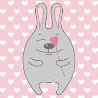 Vector Valentine's Day greeting card template with a rabbit in love with a heart on a stick