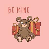 Postcard. Valentine's Day. Be mine. Teddy bear. Mountain of gifts. Vector illustration.