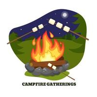 Postcard. Gatherings around the campfire. Vector illustration. Fire, campfire, camp, night, marshmallow, bedtime stories.