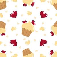 Vector seamless pattern with cute cartoon creamy cupcakes decorated with hearts.  Pastry decorative element. Illustration for fabric, textile, wrapping paper.