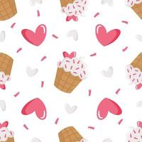 Vector seamless pattern with cute cartoon creamy cupcakes decorated with hearts and sprinkles.  Illustration for fabric, textile, wrapping paper.