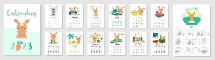 Vertical vector calendar 2023 with cute cartoon rabbits.  The year of the rabbit according to the Chinese calendar. Covers and 12 months pages. Week starts on Sunday. For size A4,A5,A3