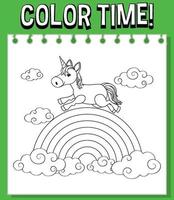 Worksheets template with color time text and rainbow with Unicorn outline vector