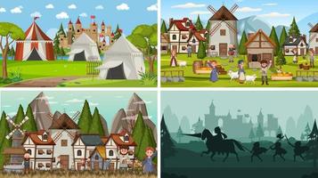 Set of different scene medieval with silhouette vector