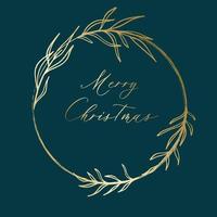 Hand drawn decorative wreath with branch, herb, plant, leave and flower. Merry christmas calligraphy card. vector