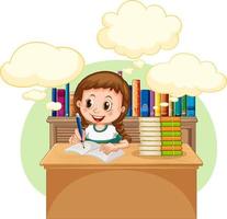 A kid doing homework with speech bubble in the library vector